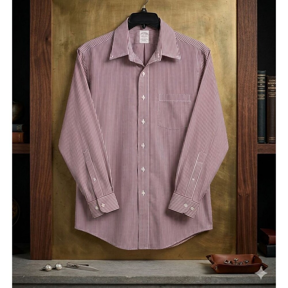 Brooks Brothers 16.5‑34R Red Pink Stripe Button Up Shirt Business Preppy Classic